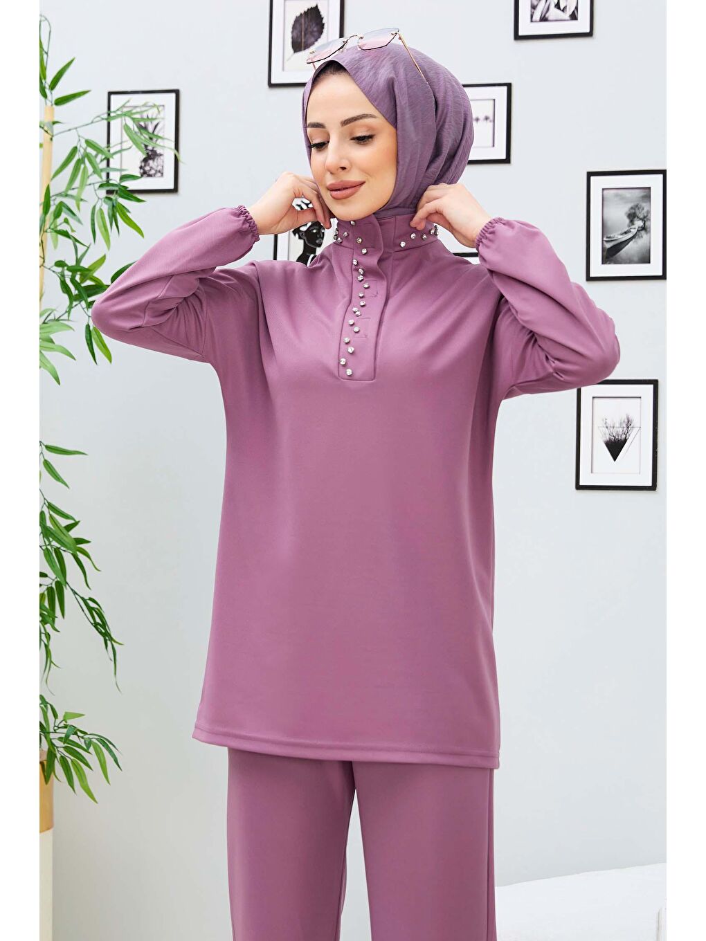 TOFİSA Hakim Yaka Kadın Lila Tunik+Pantolon - 11338