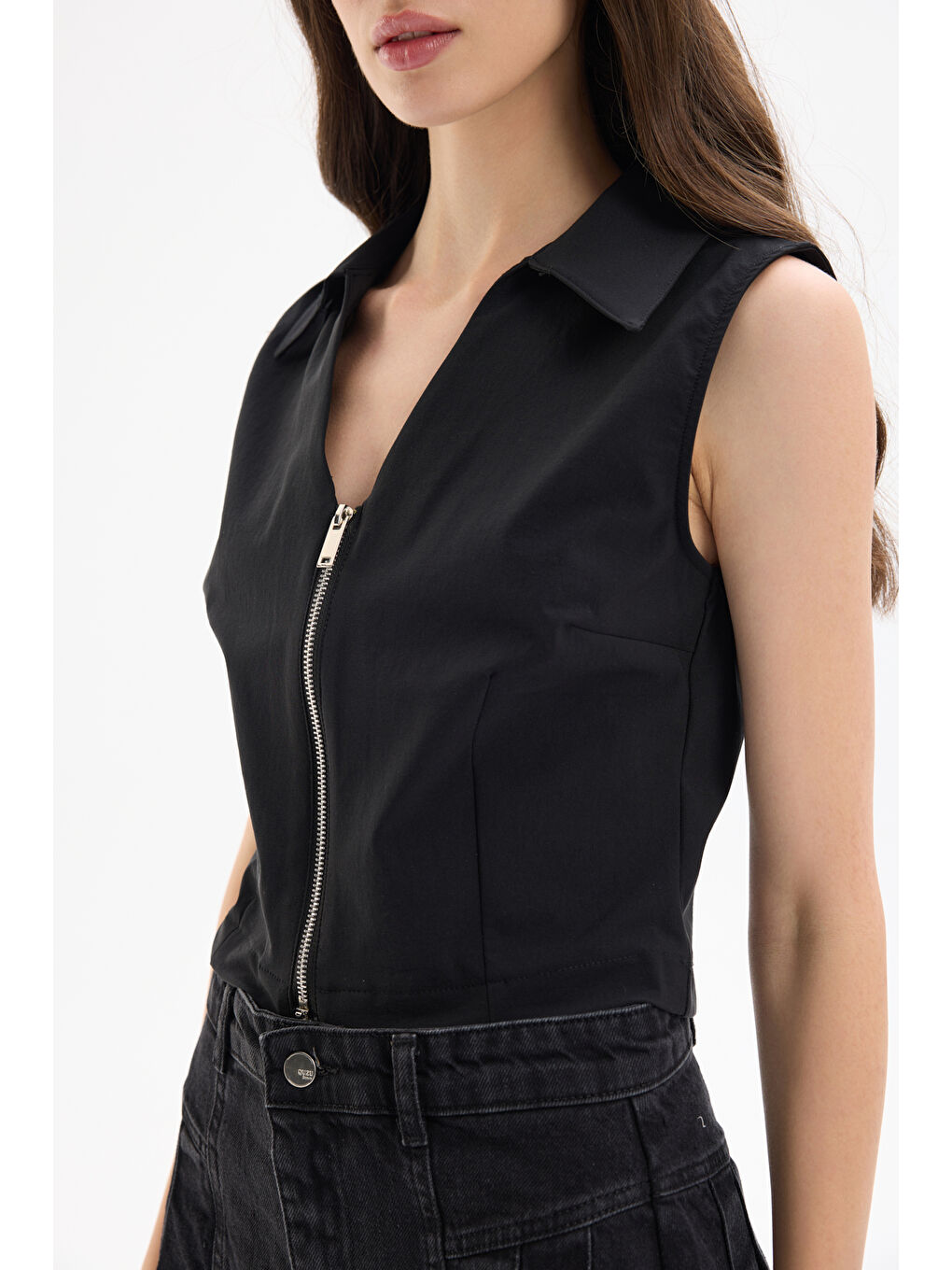 Fermuarlı Kolsuz Bluz Siyah-2