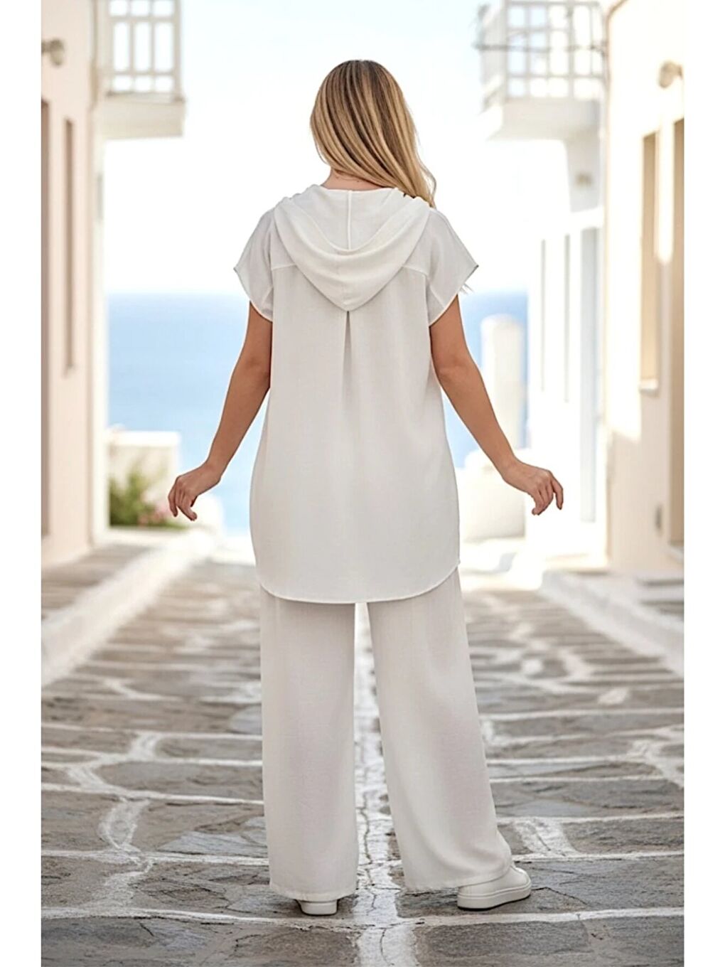 Ekru Kapüşonlu Gömlek Pantalon Keten Takım-1