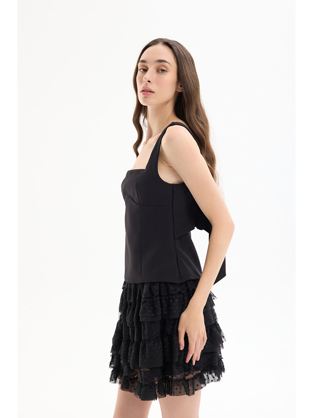 Sırtı Kurdele Detaylı Kare Yaka Askılı  Bluz Siyah-3