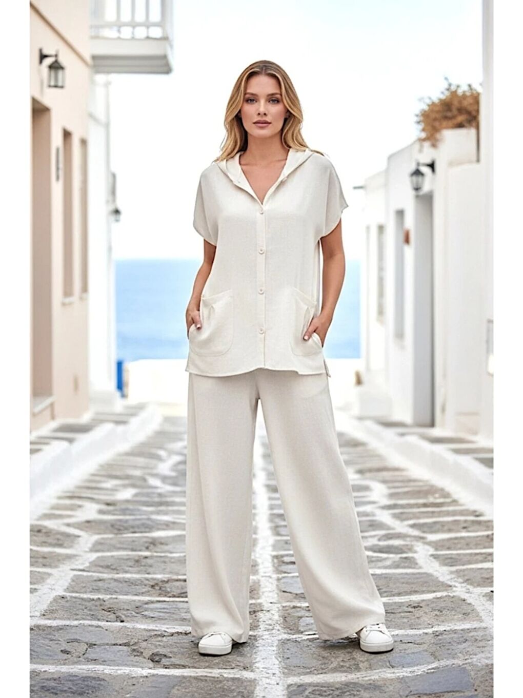 Ekru Kapüşonlu Gömlek Pantalon Keten Takım-3