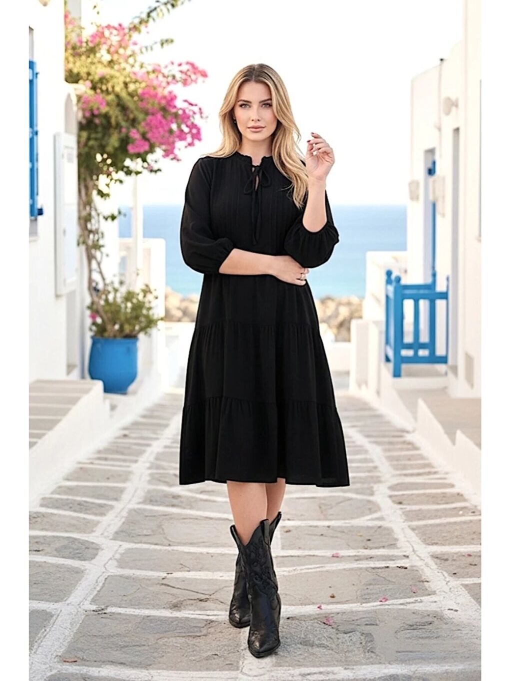 Siyah Nervüllü Kısa Boy Elbise-1