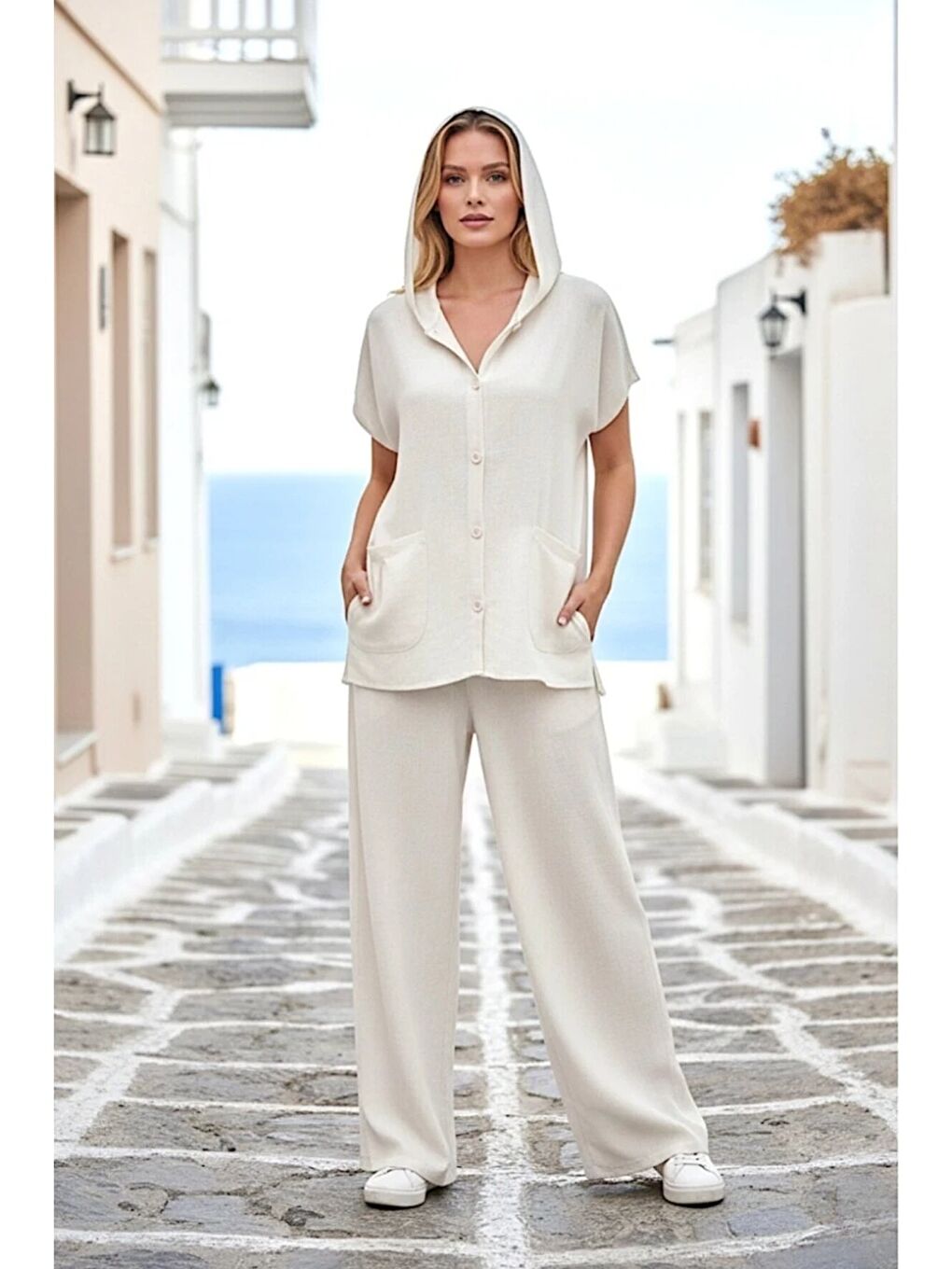 Ekru Kapüşonlu Gömlek Pantalon Keten Takım-4