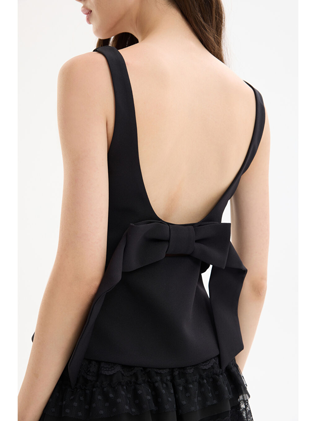 Sırtı Kurdele Detaylı Kare Yaka Askılı  Bluz Siyah-4