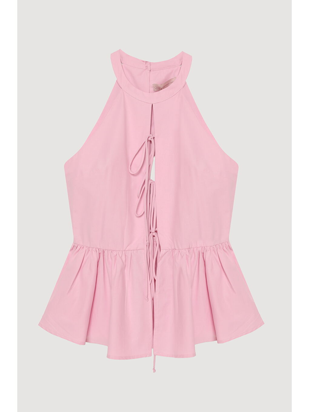 Önü Bağcıklı Halter Yaka Bluz Pembe-1