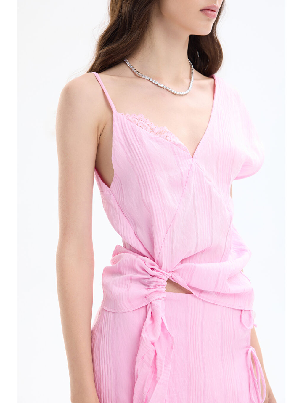 Dantel Detaylı İnce Çizgili Bluz Pembe-3