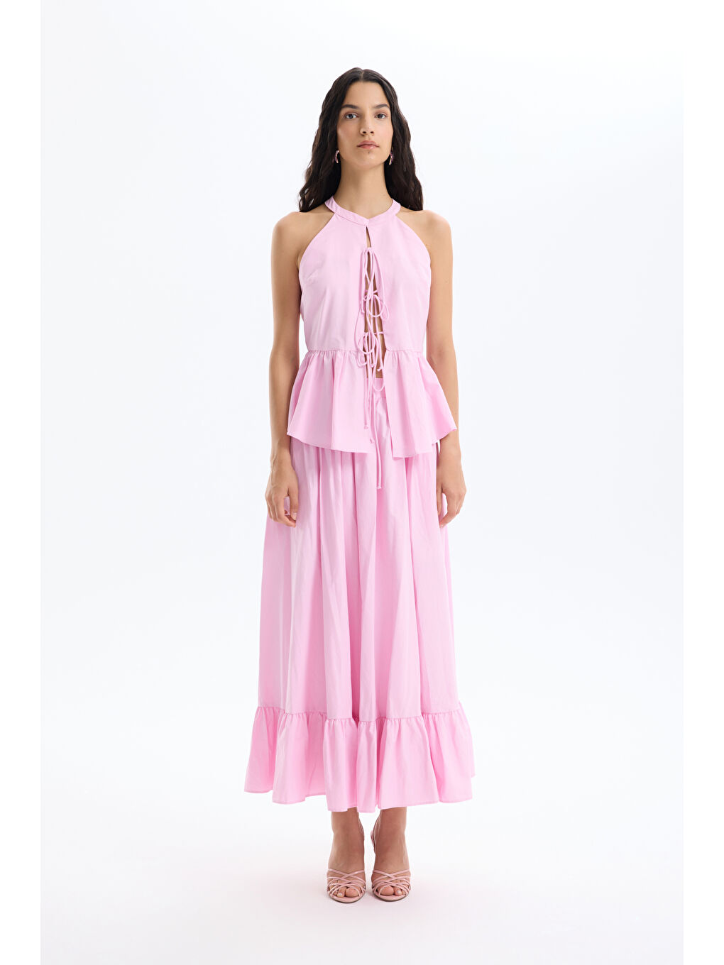 Önü Bağcıklı Halter Yaka Bluz Pembe-2