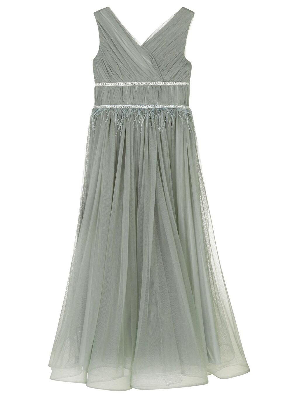 Girls Beli Taşlı Tüylü 6-14 Yaş Abiye - Yeşil 10-11 Yaş