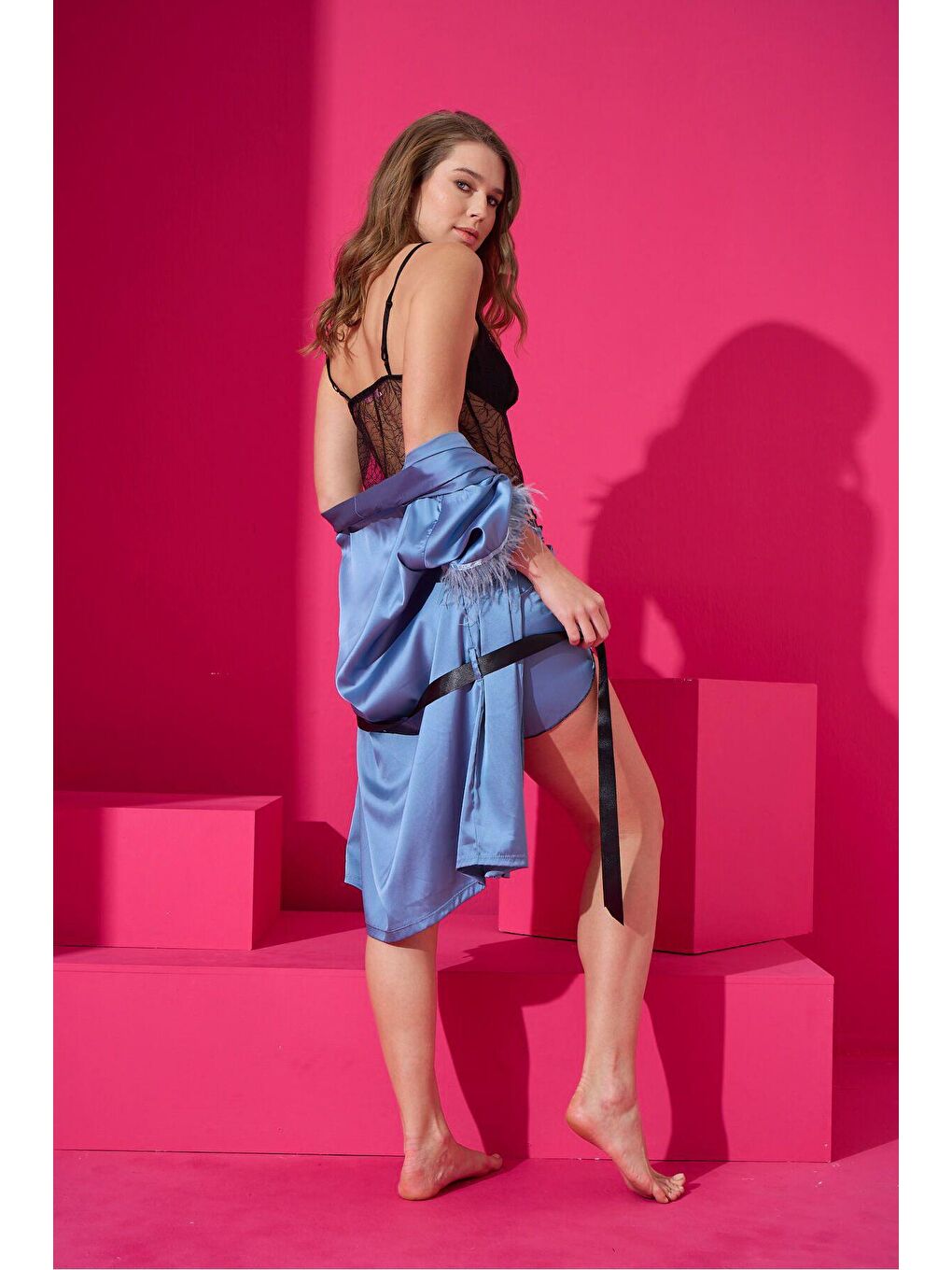 Mavi Saten Sabahlik Şort Takim 9502-2-1