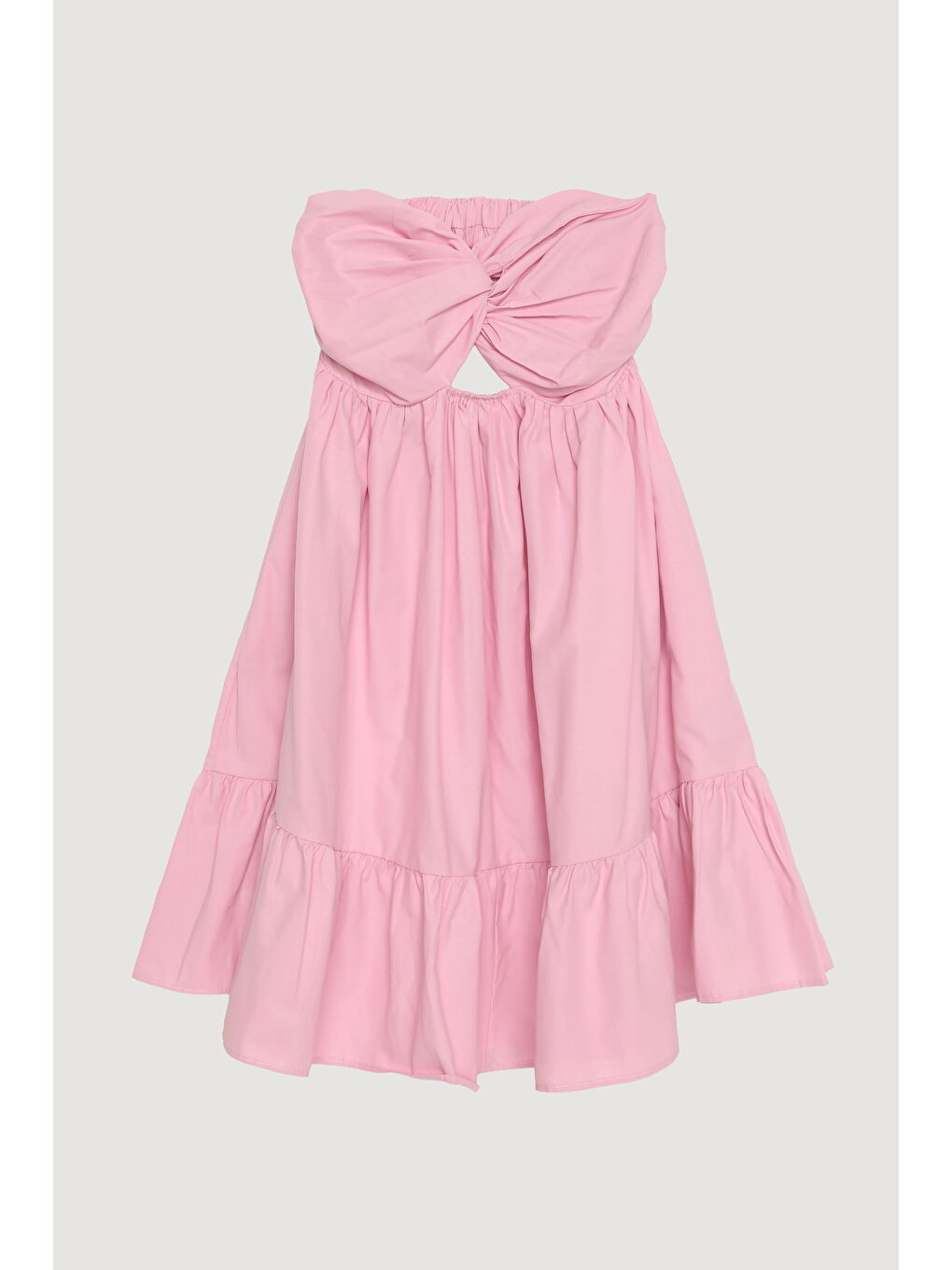 Önü Düğüm Detaylı Sırt Dekolteli Straplez Mini Elbise Pembe-1