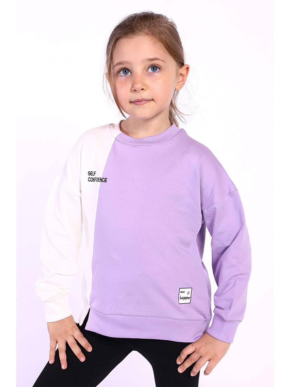 Lila Kız Çocuk Blok Kesikli Sweatshirt