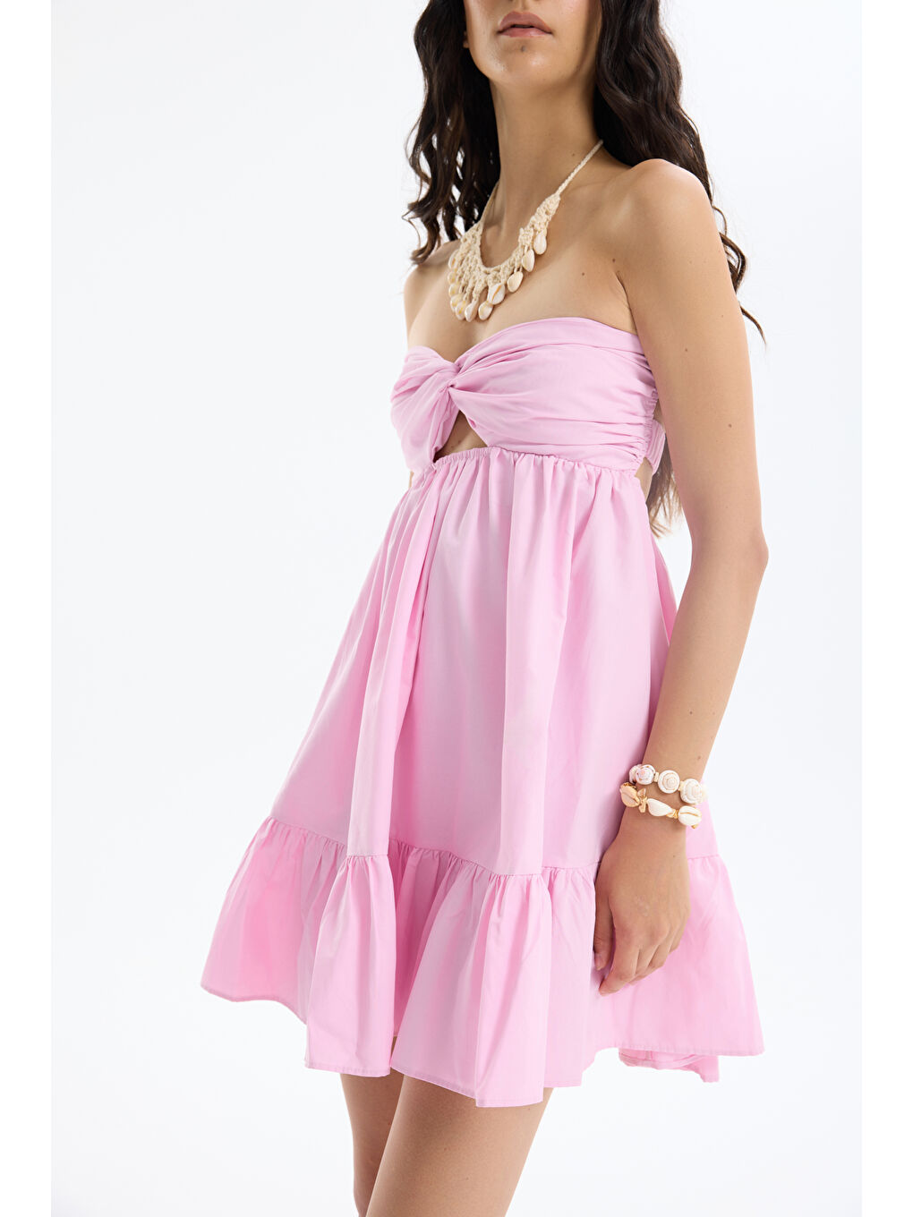Önü Düğüm Detaylı Sırt Dekolteli Straplez Mini Elbise Pembe-2