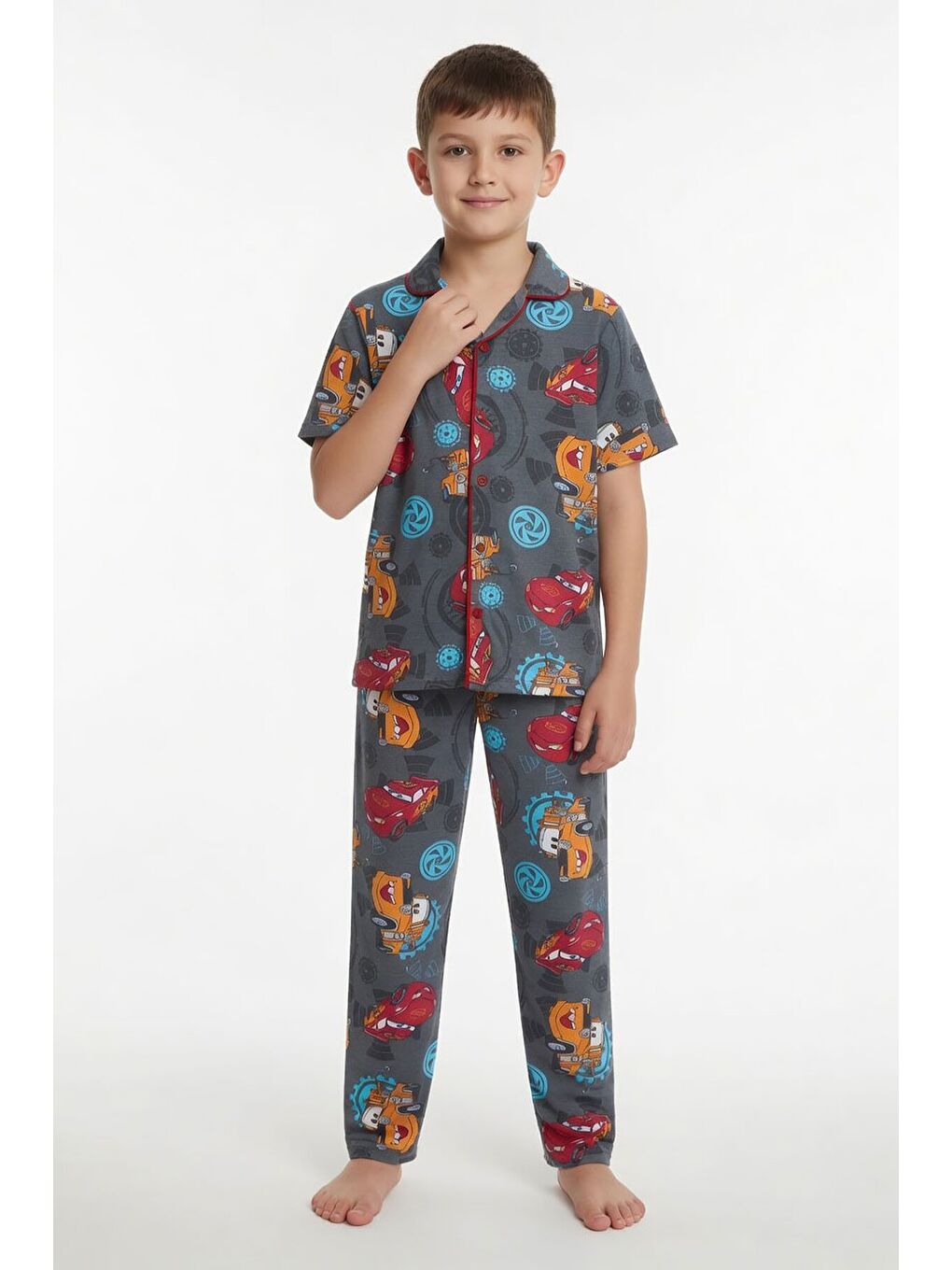Gri Yarış Arabası Desenli Erkek Çocuk Pijama Takımı 24009-1