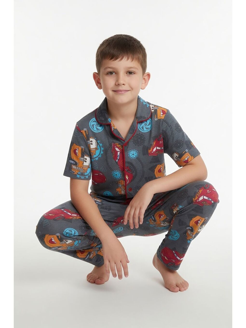 Gri Yarış Arabası Desenli Erkek Çocuk Pijama Takımı 24009-2