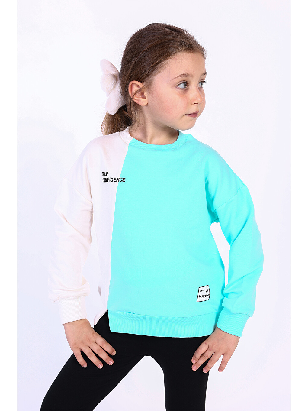 Turkuaz Kız Çocuk Blok Kesikli Sweatshirt
