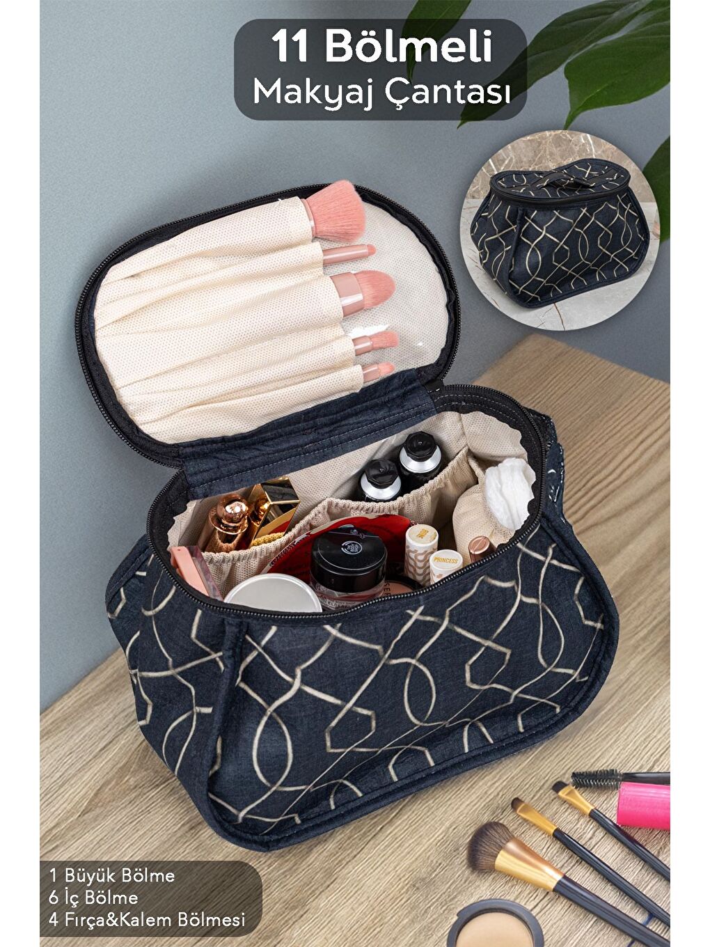 Bölmeli Fırça Kozmetik Makyaj Çantası Büyük Boy Organizer Düzenleyici Seyahat Çantası
