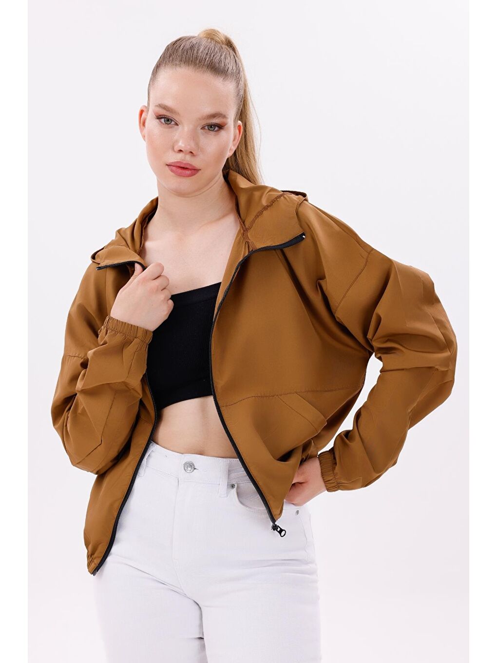 Kahverengi Kadın Kapüşonlu Su Ve Rüzgar Geçirmez Oversize Yağmurluk - Rüzgarlık-1