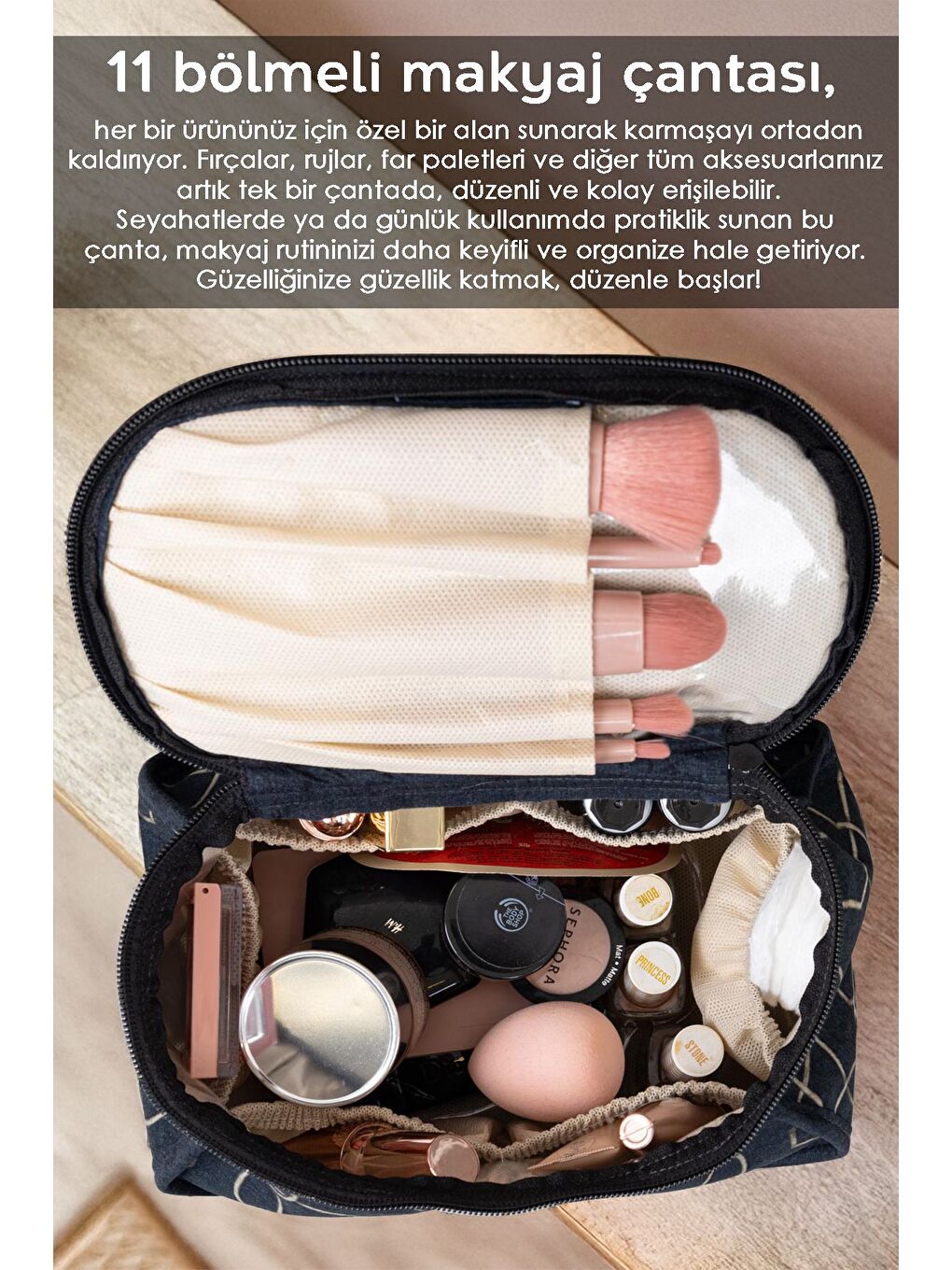 Bölmeli Fırça Kozmetik Makyaj Çantası Büyük Boy Organizer Düzenleyici Seyahat Çantası-1
