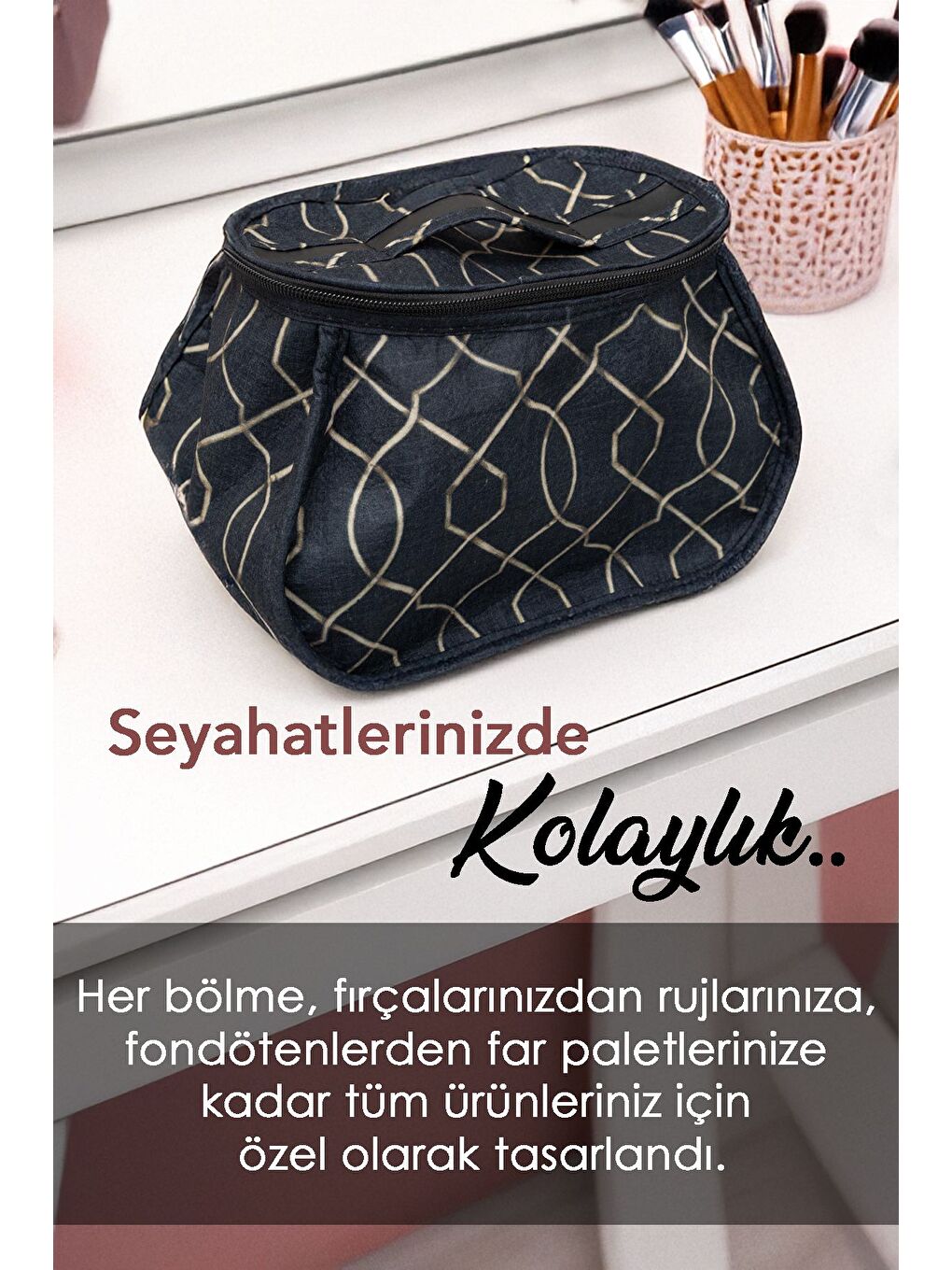Bölmeli Fırça Kozmetik Makyaj Çantası Büyük Boy Organizer Düzenleyici Seyahat Çantası-2