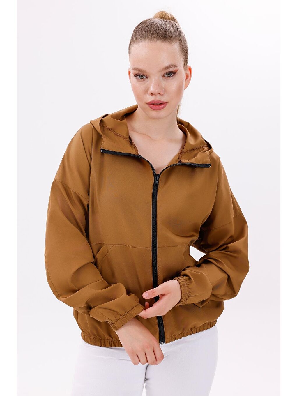 Kahverengi Kadın Kapüşonlu Su Ve Rüzgar Geçirmez Oversize Yağmurluk - Rüzgarlık-2