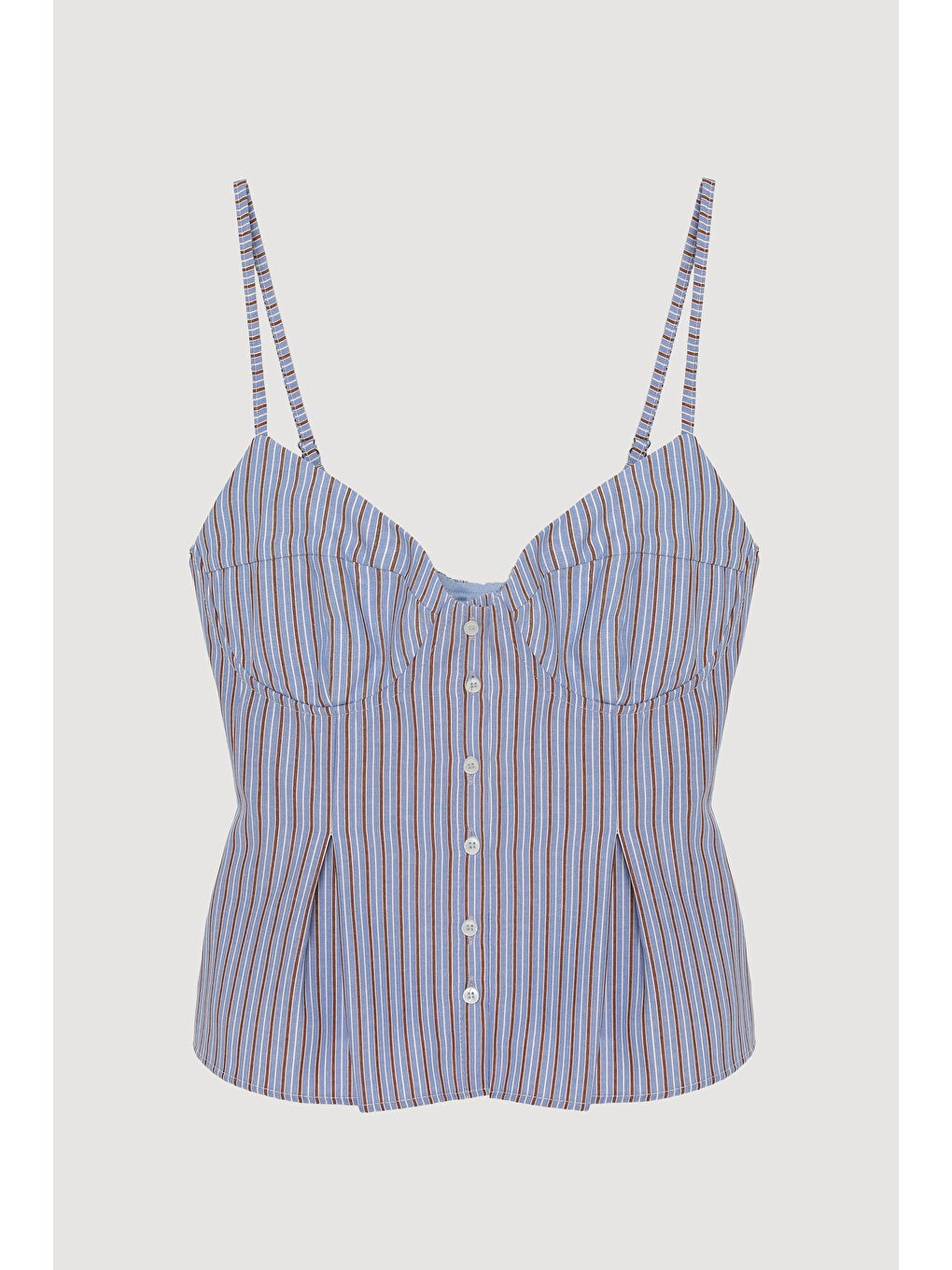 Çizgili Pile Detaylı İnce Askılı Bluz Mavi-1