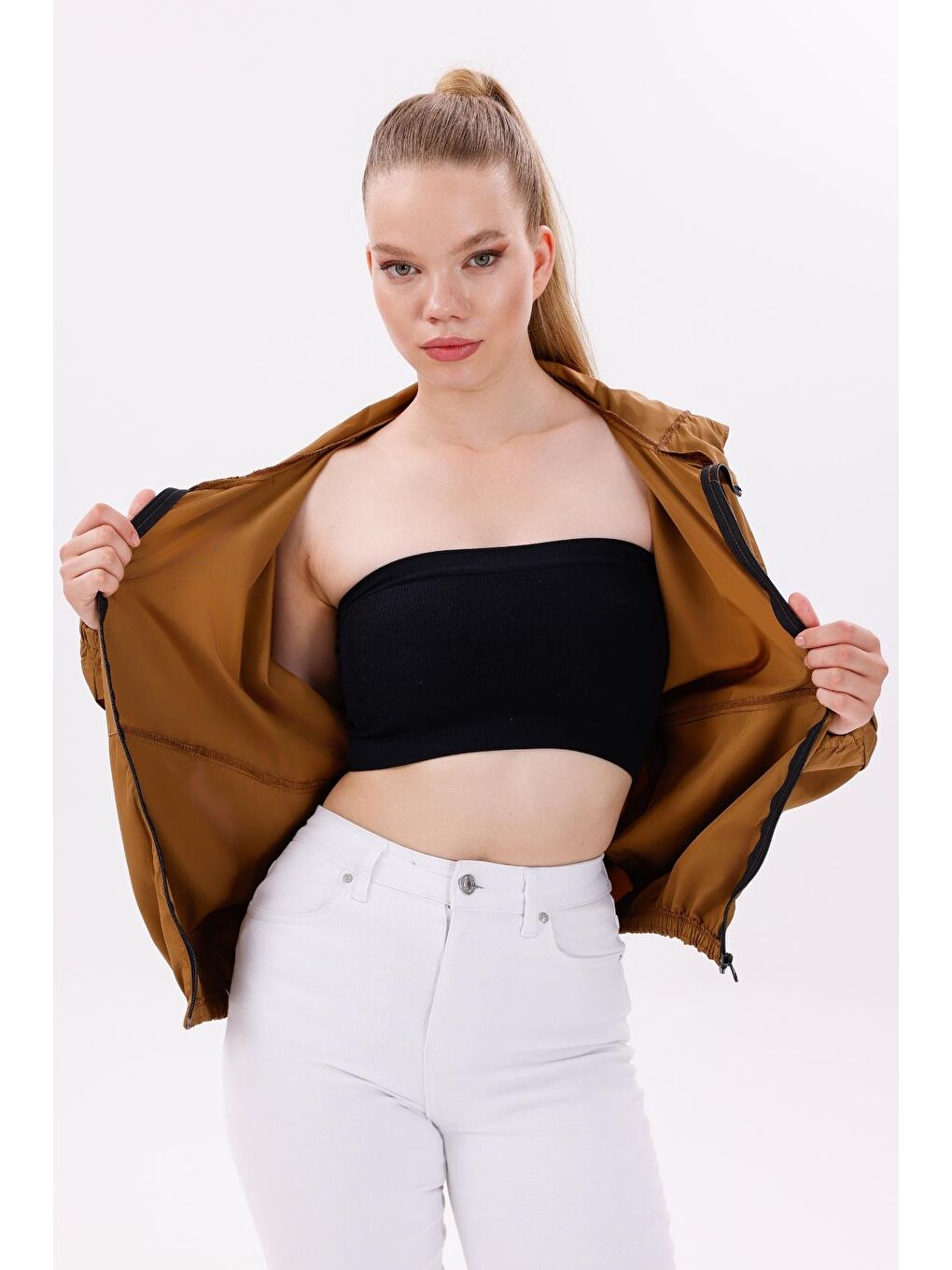 Kahverengi Kadın Kapüşonlu Su Ve Rüzgar Geçirmez Oversize Yağmurluk - Rüzgarlık-4