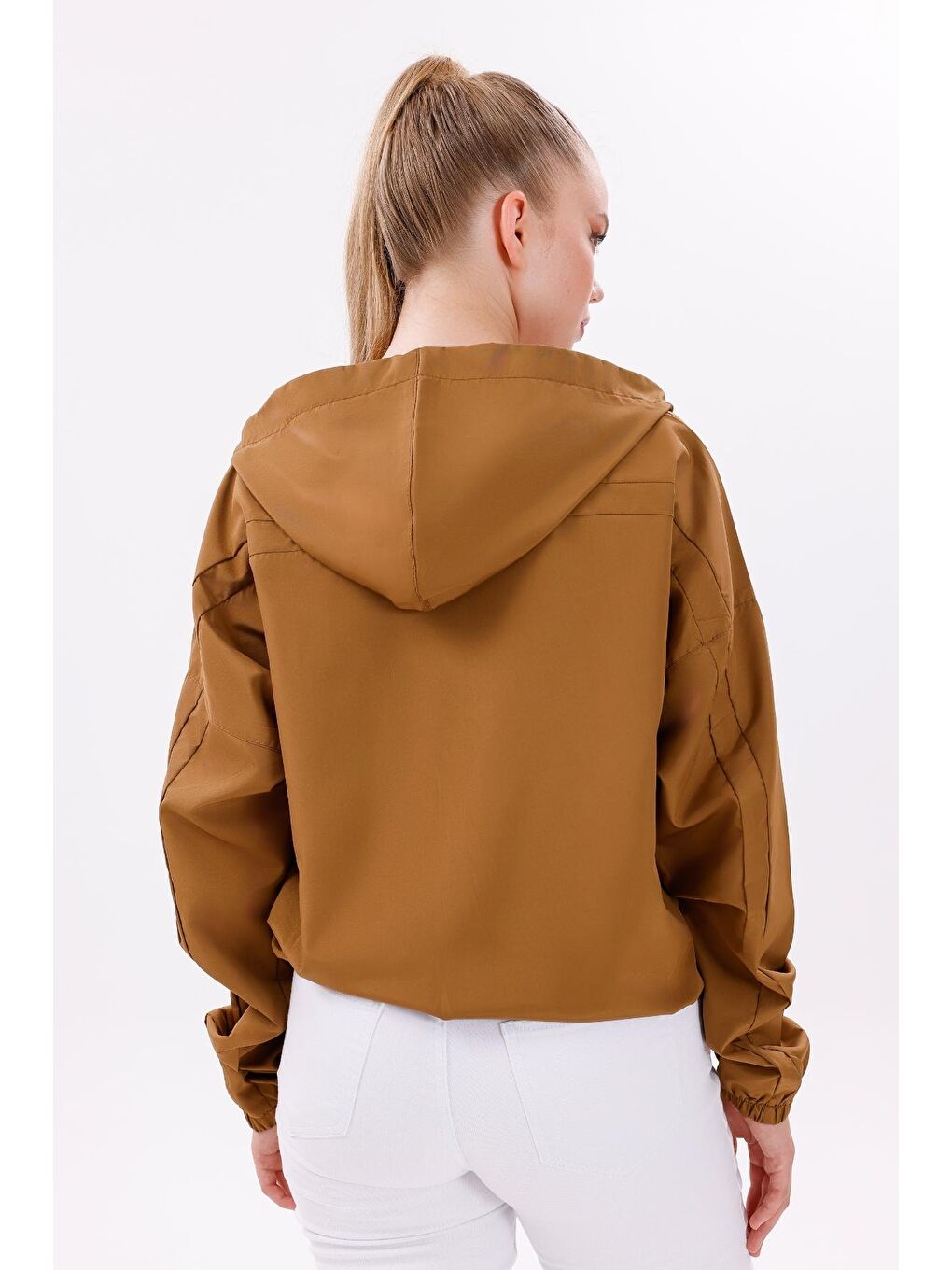 Kahverengi Kadın Kapüşonlu Su Ve Rüzgar Geçirmez Oversize Yağmurluk - Rüzgarlık-5