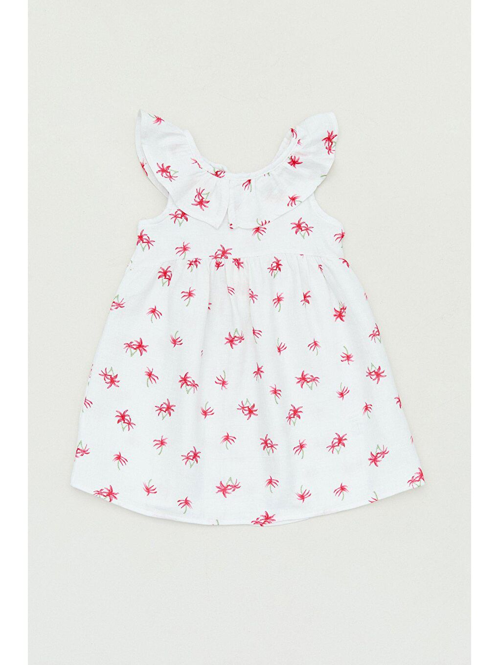 Ekru Palmiye Baskılı Bebe Yaka Kız Çocuk Elbise