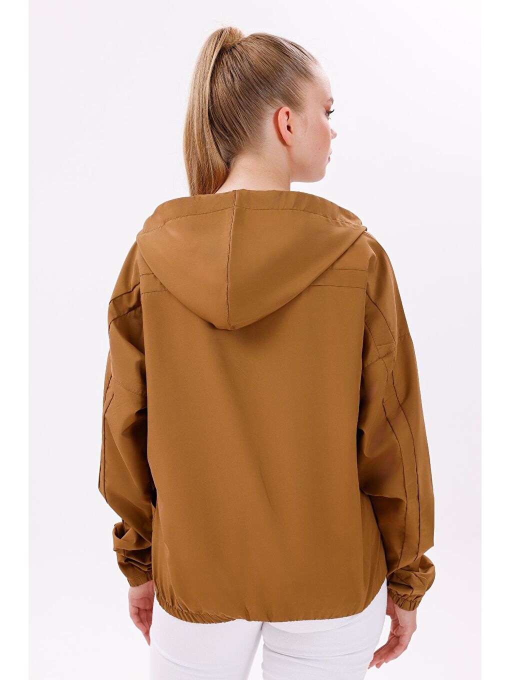 Kahverengi Kadın Kapüşonlu Su Ve Rüzgar Geçirmez Oversize Yağmurluk - Rüzgarlık-6
