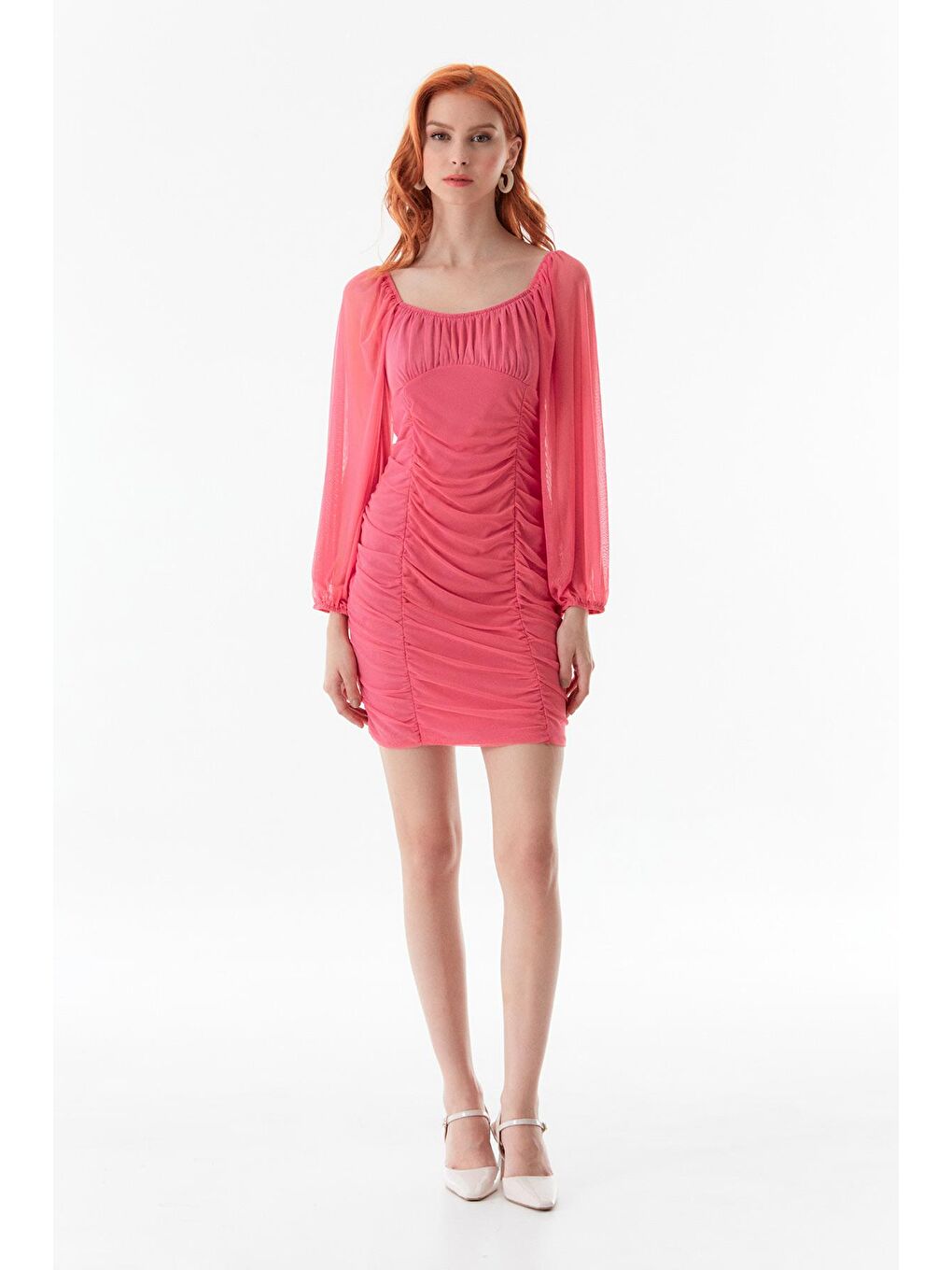 Pembe Büzgülü Tül Detaylı Mini Elbise-3