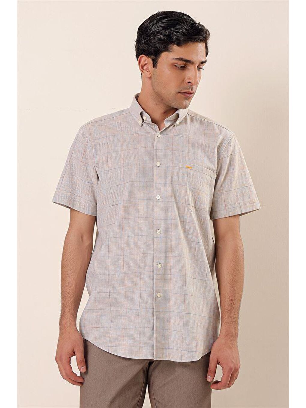 Kahverengi Camel Kısa Kollu  %100 Pamuk Klasik Comfort Fit Rahat Kesim Gömlek 1004230172