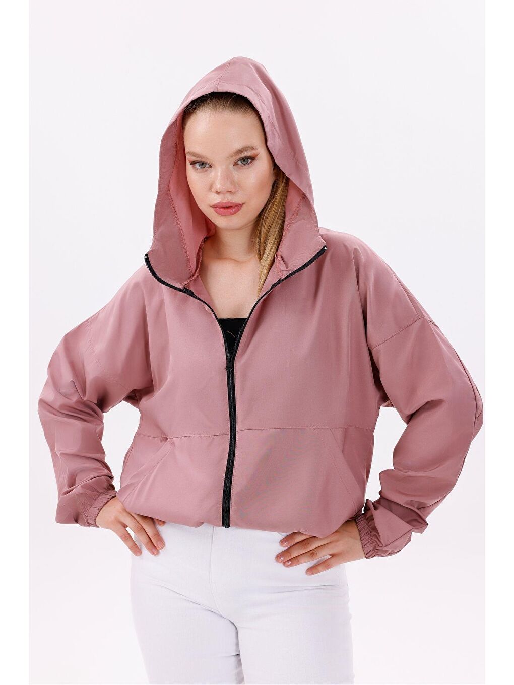 Pembe Kadın Kapüşonlu Su Ve Rüzgar Geçirmez Oversize Yağmurluk - Rüzgarlık