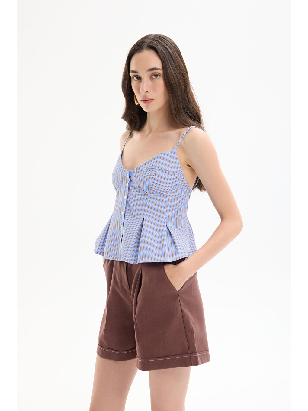 Çizgili Pile Detaylı İnce Askılı Bluz Mavi-2