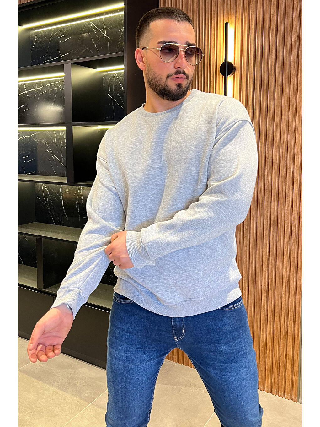 Mishar İtalia Gri Erkek Bisiklet Yaka Oversize Şardonlu Üç İplik Sweatshirt