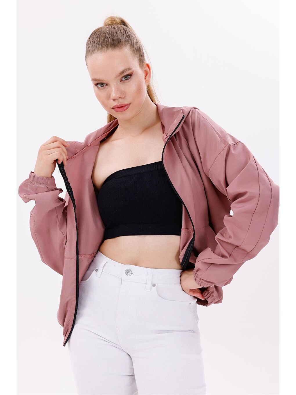 Pembe Kadın Kapüşonlu Su Ve Rüzgar Geçirmez Oversize Yağmurluk - Rüzgarlık-3