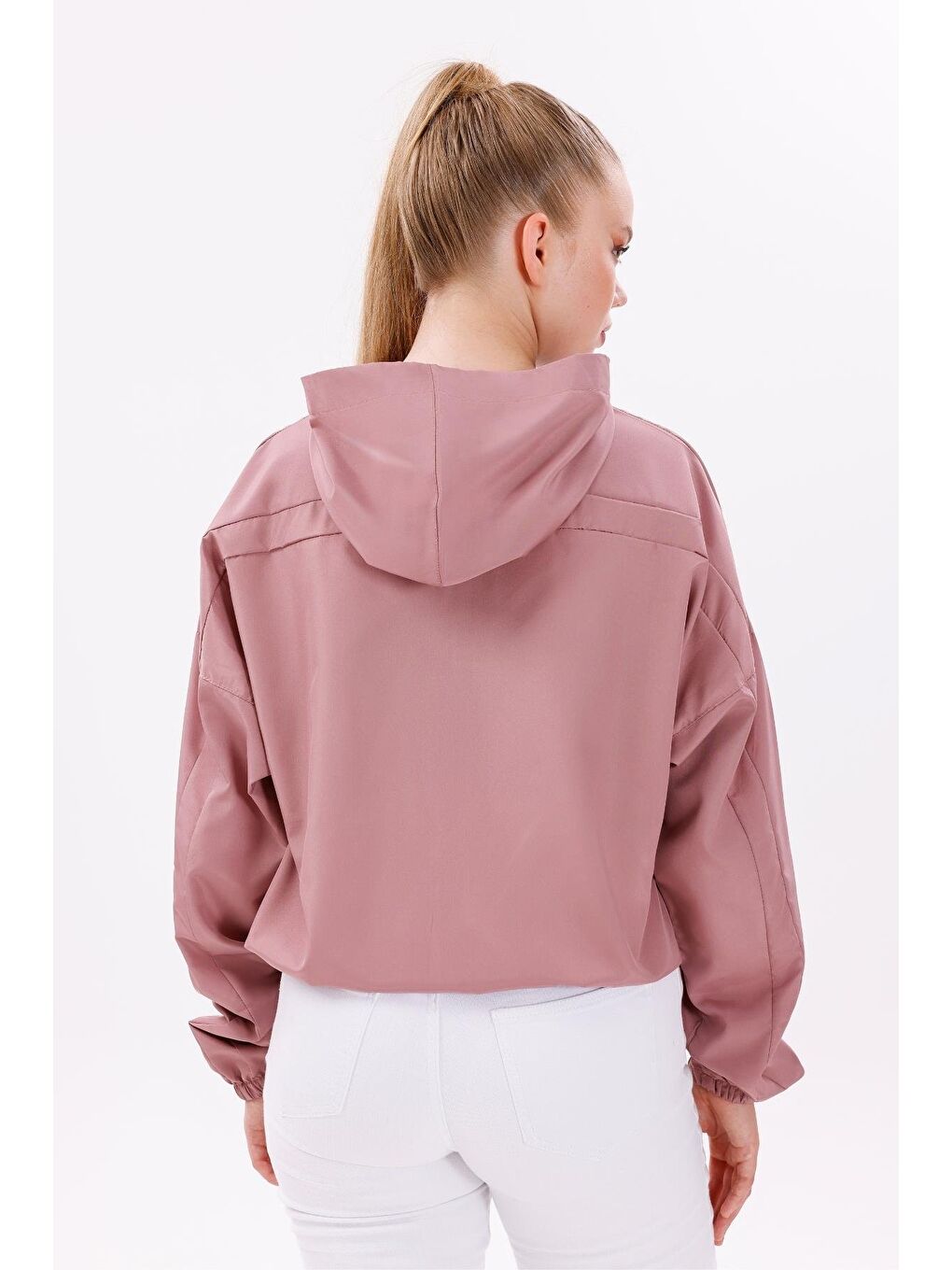Pembe Kadın Kapüşonlu Su Ve Rüzgar Geçirmez Oversize Yağmurluk - Rüzgarlık-4