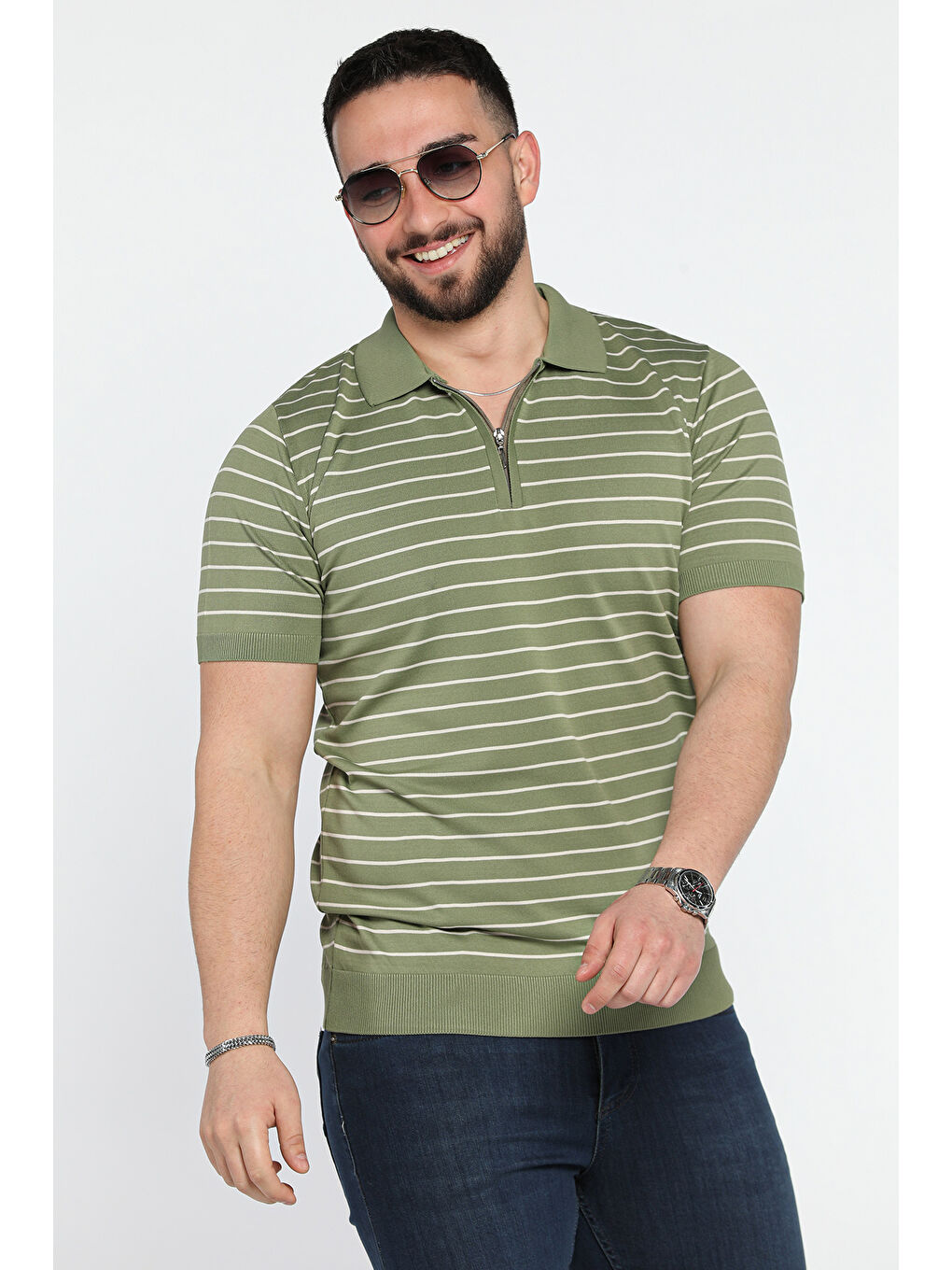 Haki Erkek Polo Yaka Çizgi Desenli Yarım Fermuarlı Triko Tişört-1