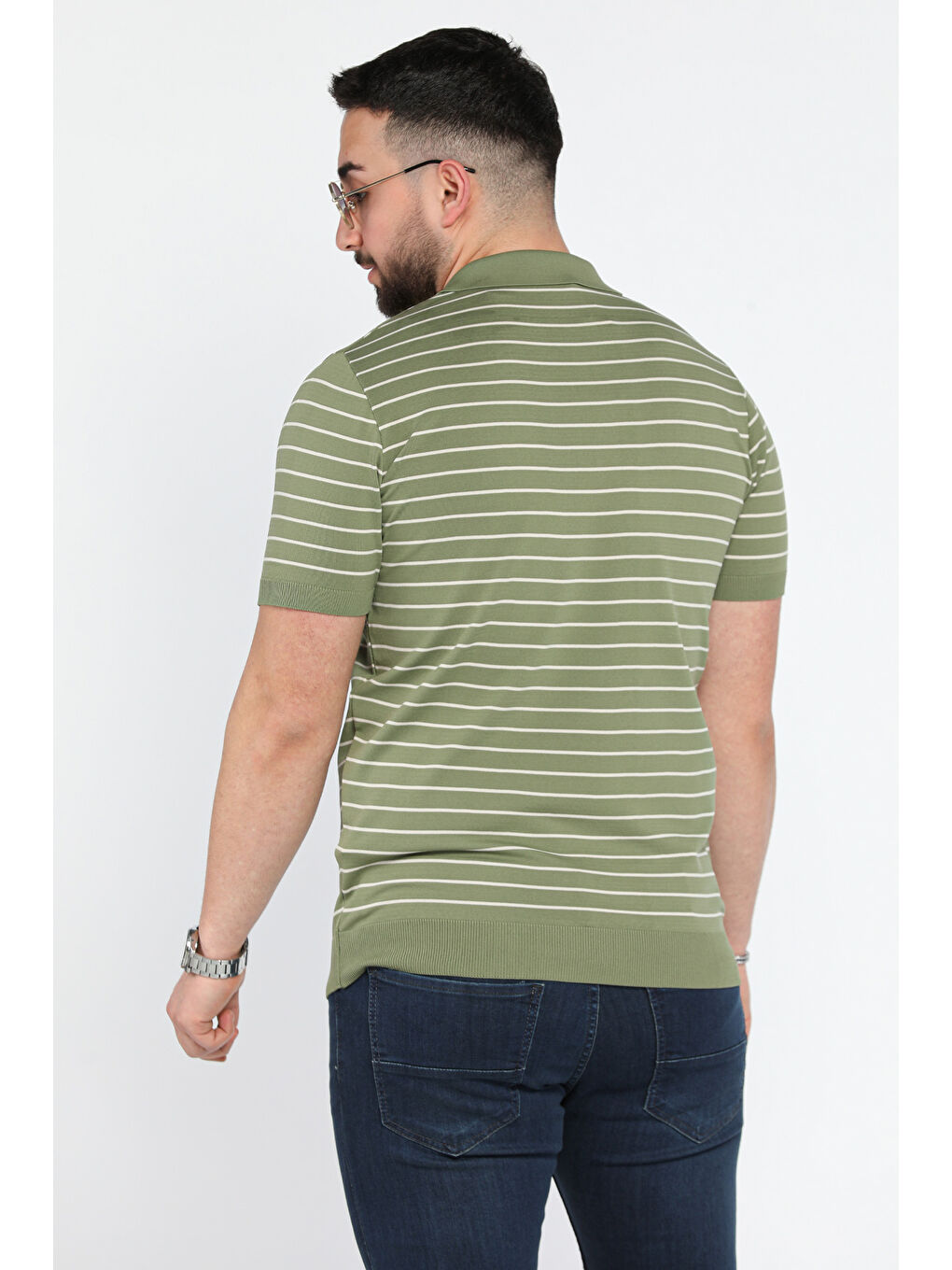Haki Erkek Polo Yaka Çizgi Desenli Yarım Fermuarlı Triko Tişört-2