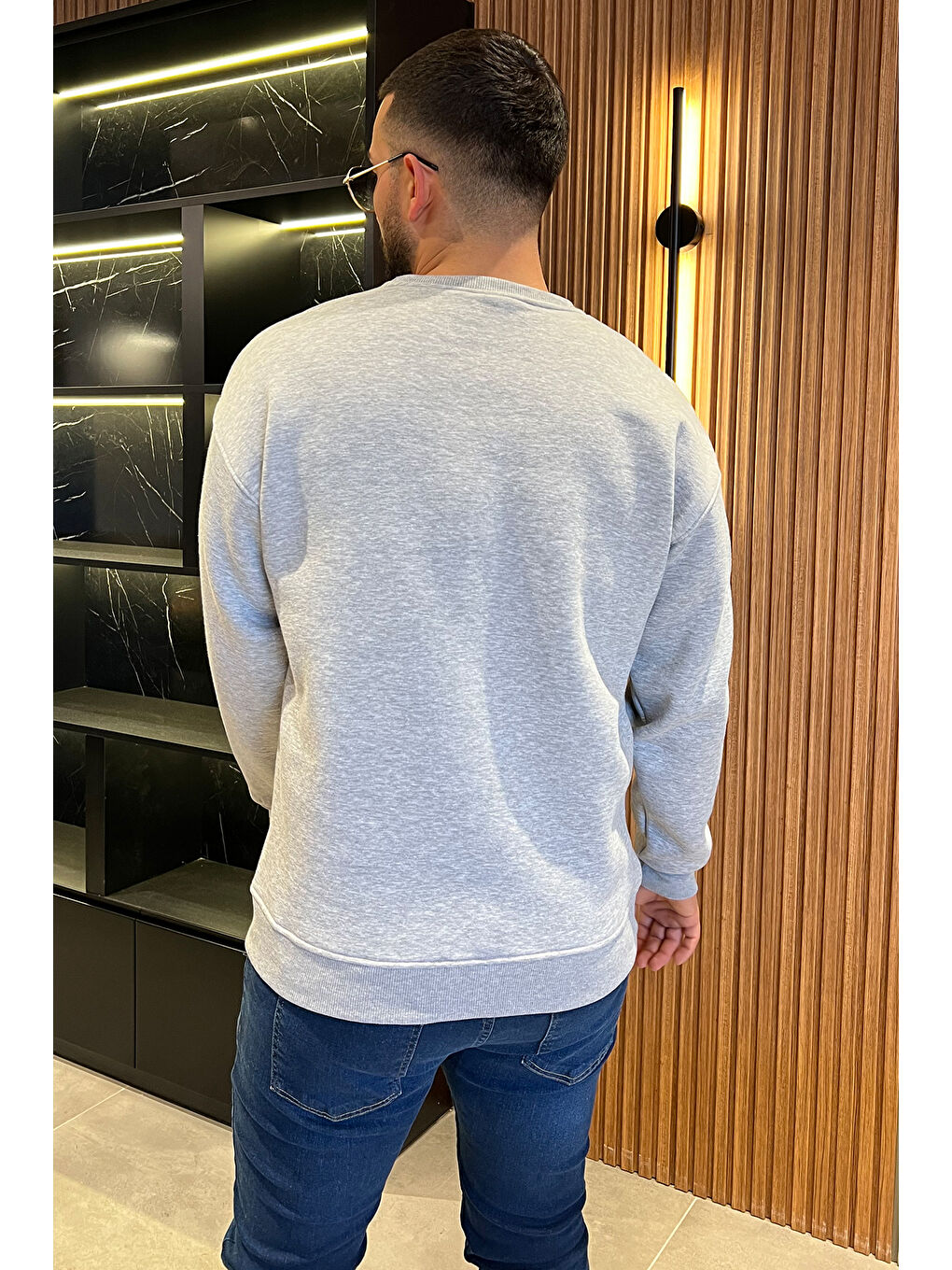 Mishar İtalia Gri Erkek Bisiklet Yaka Oversize Şardonlu Üç İplik Sweatshirt - 2