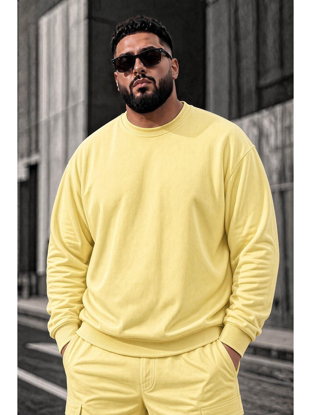 Sarı John Erkek İki İpli Şardonlu Düz Renk Günlük Battal Büyük Beden Bisiklet Yaka Sweatshirt