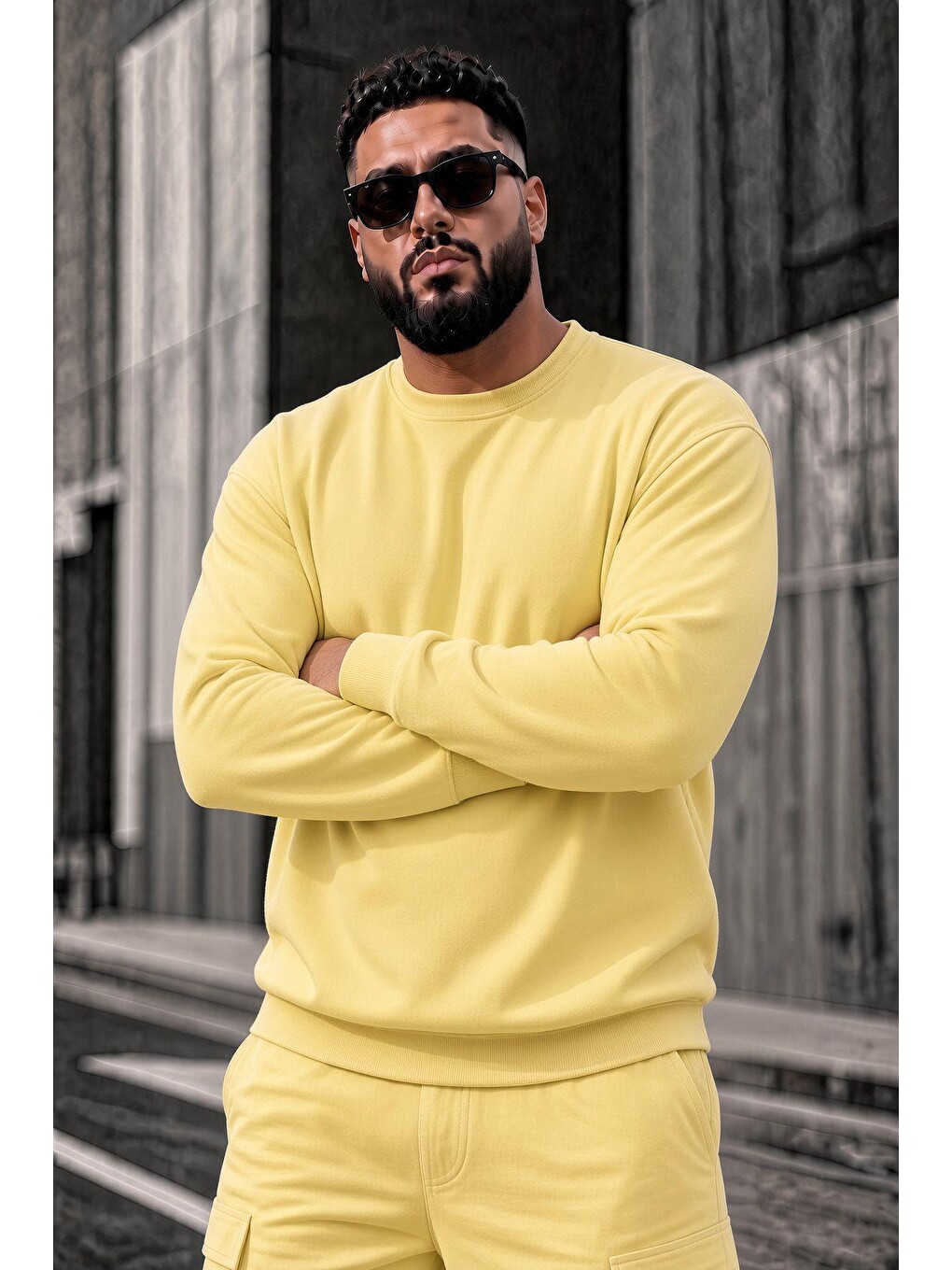 Sarı John Erkek İki İpli Şardonlu Düz Renk Günlük Battal Büyük Beden Bisiklet Yaka Sweatshirt-2