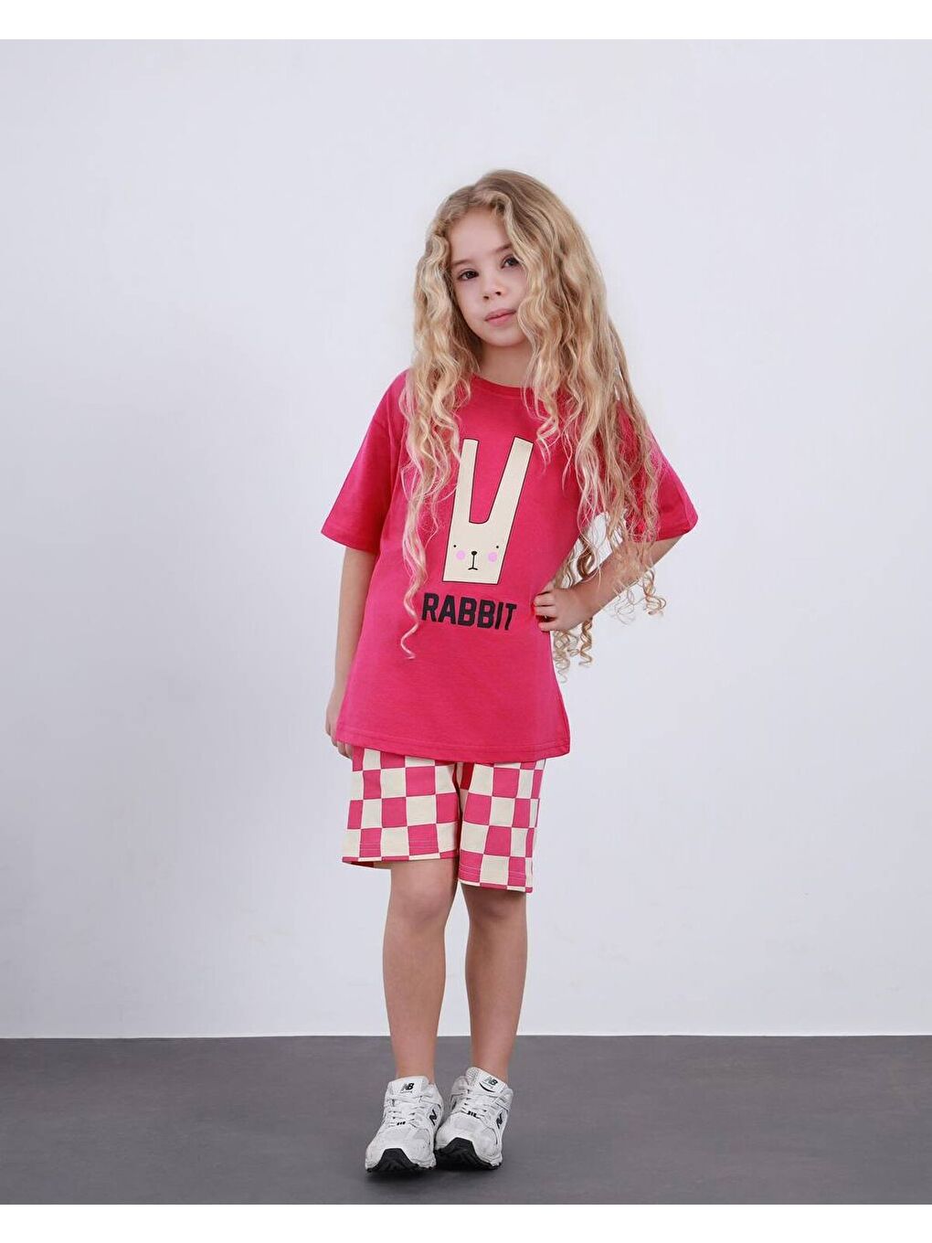 Fuşya Kız Çocuk Ekose Desenli Şort T-Shirt Alt Üst Takım-1