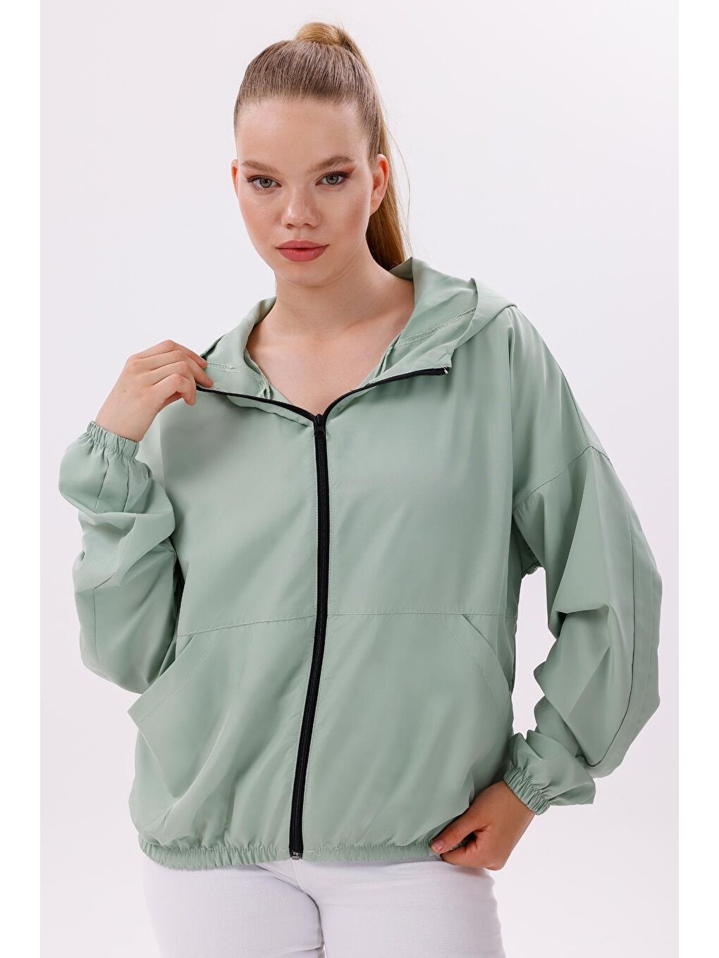 Turkuaz Kadın Kapüşonlu Su Ve Rüzgar Geçirmez Oversize Yağmurluk - Rüzgarlık-1