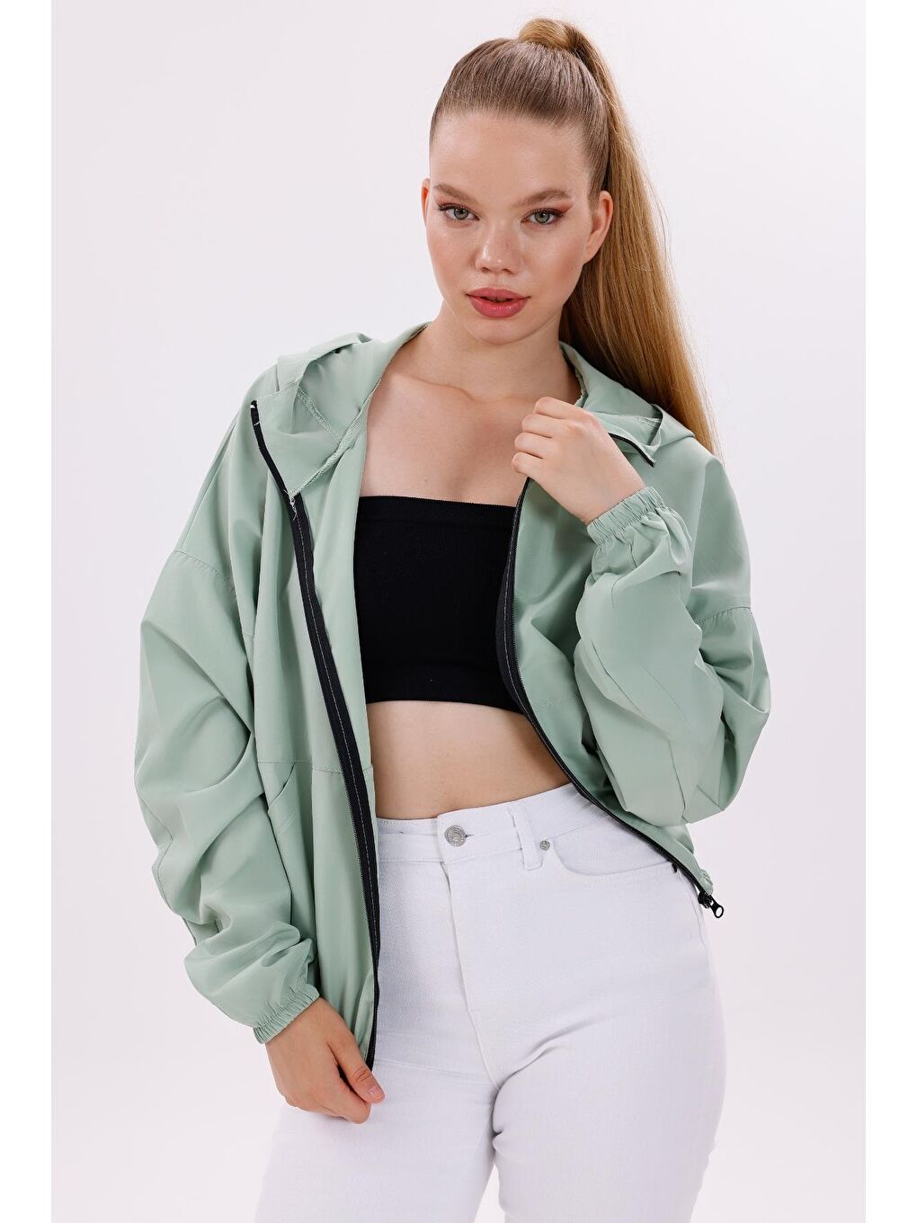 Turkuaz Kadın Kapüşonlu Su Ve Rüzgar Geçirmez Oversize Yağmurluk - Rüzgarlık-2