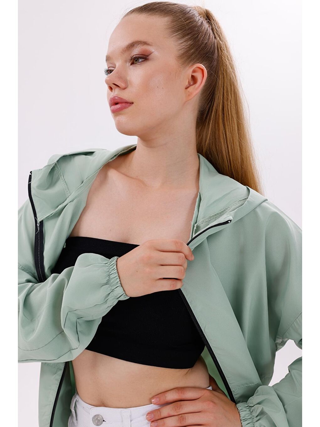 Turkuaz Kadın Kapüşonlu Su Ve Rüzgar Geçirmez Oversize Yağmurluk - Rüzgarlık-3