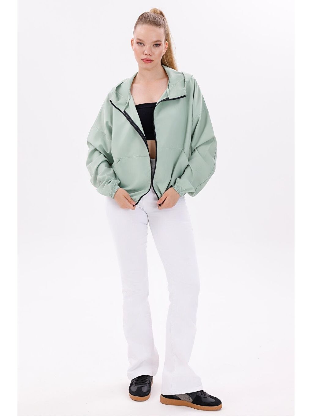 Turkuaz Kadın Kapüşonlu Su Ve Rüzgar Geçirmez Oversize Yağmurluk - Rüzgarlık-4