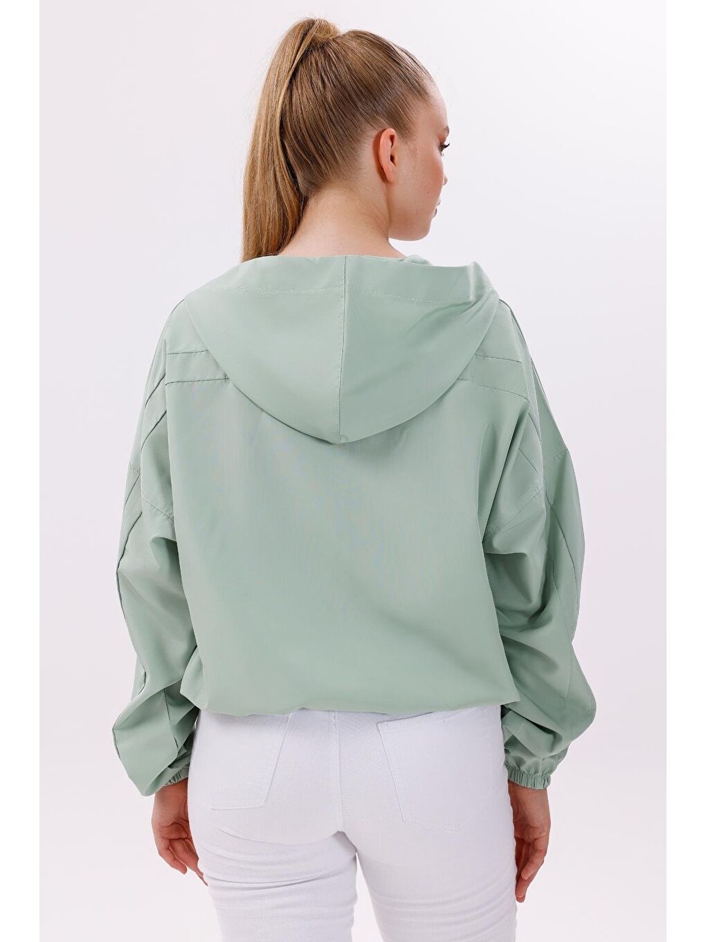 Turkuaz Kadın Kapüşonlu Su Ve Rüzgar Geçirmez Oversize Yağmurluk - Rüzgarlık-5