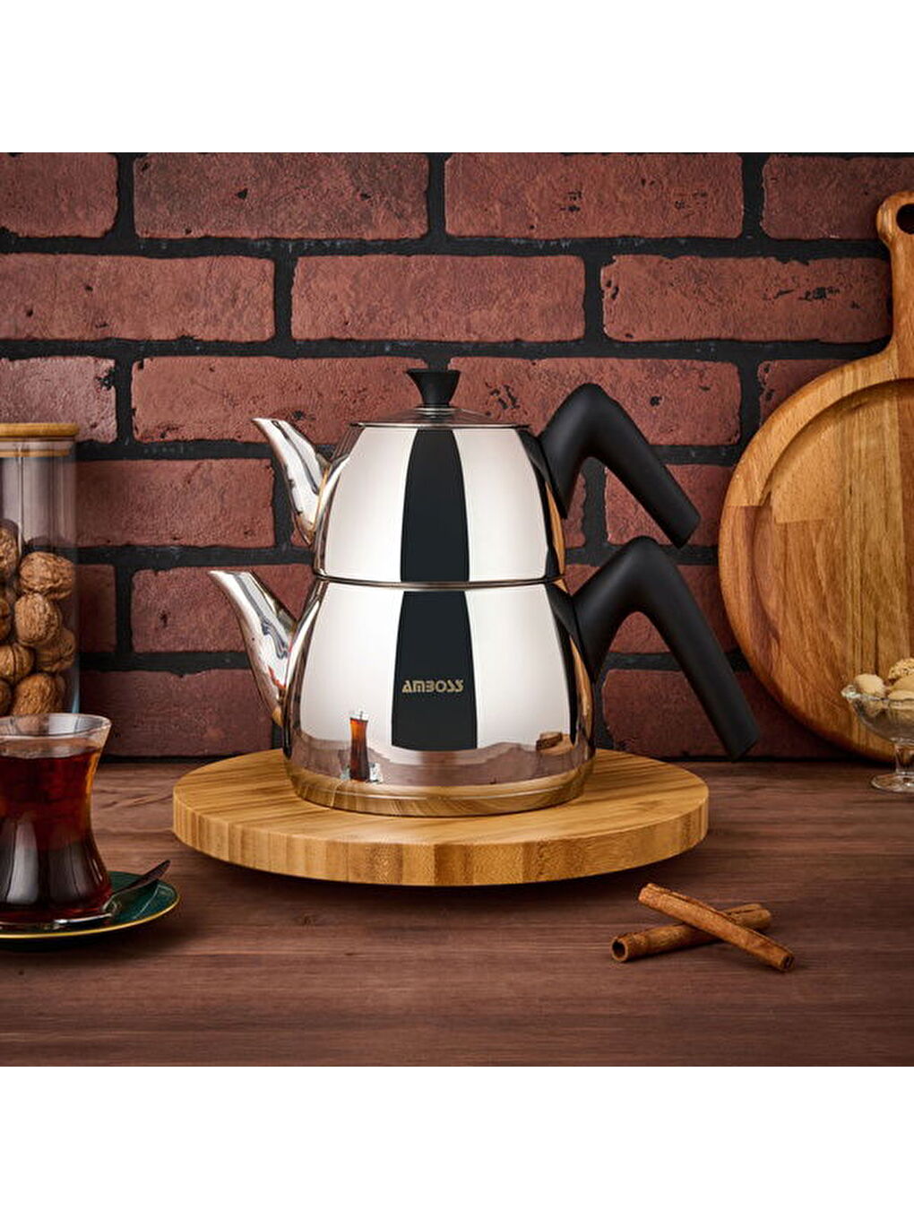 Gri Aquamarine Orta Boy Çaydanlık - Inox / Siyah - 1 lt + 2,1 lt