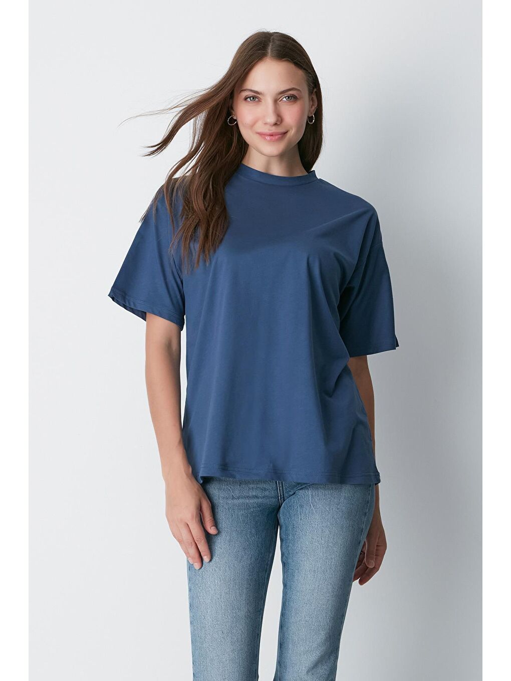 Bisiklet Yaka Kısa Kol 2'Li Casual Basic T-Shirt 961 İndigo/Gri-2