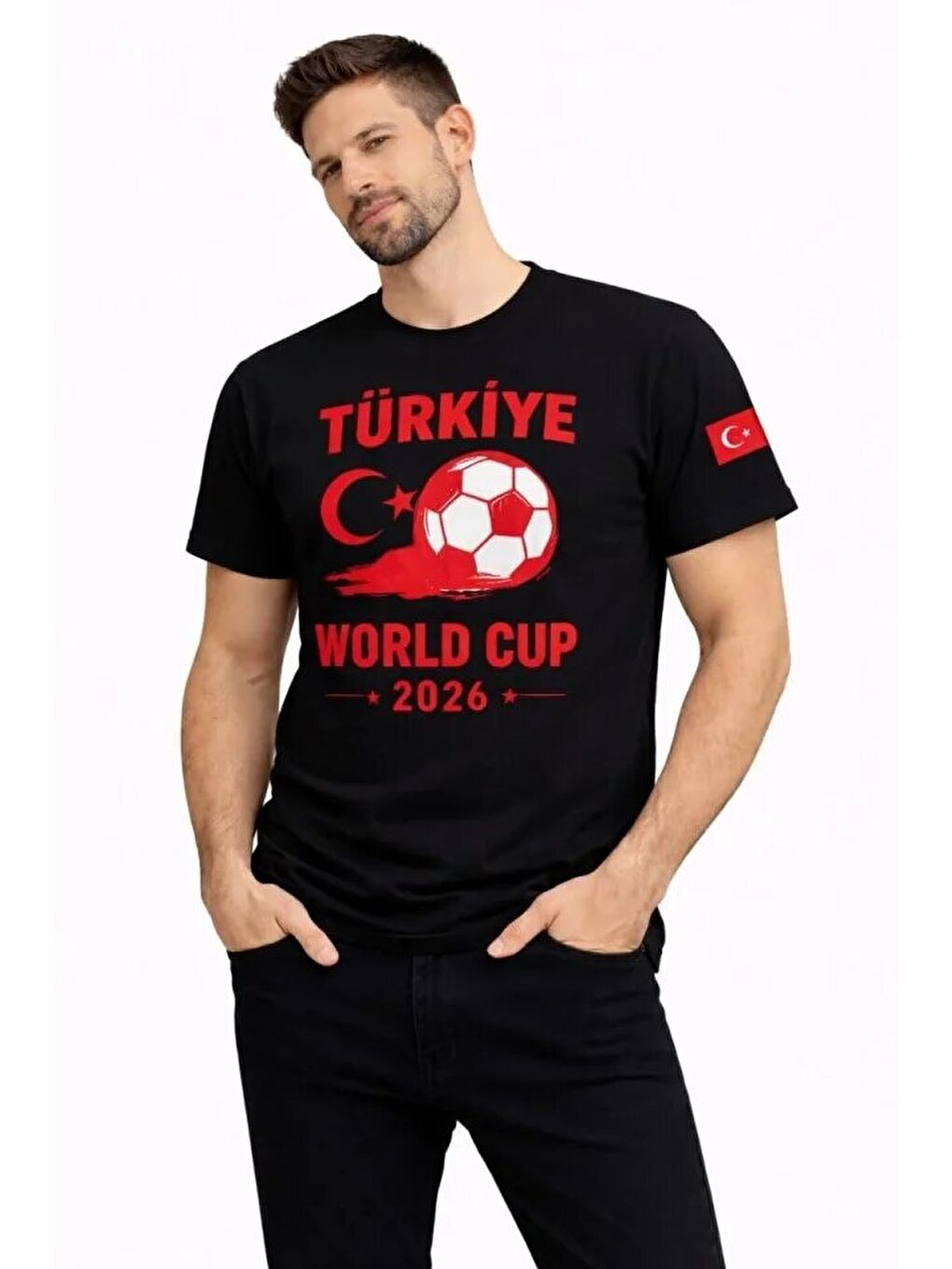 Siyah Erkek Türkiye World Cup 2026 Baskılı Tişört Futbol Temalı Forma Tişört-2